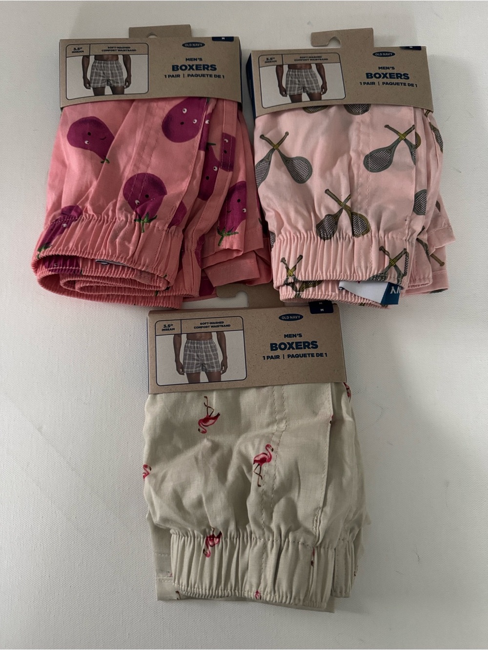 Old Navy Boxers Mens Medium 3 Pack Eggplant Tennis Pink Flamingo